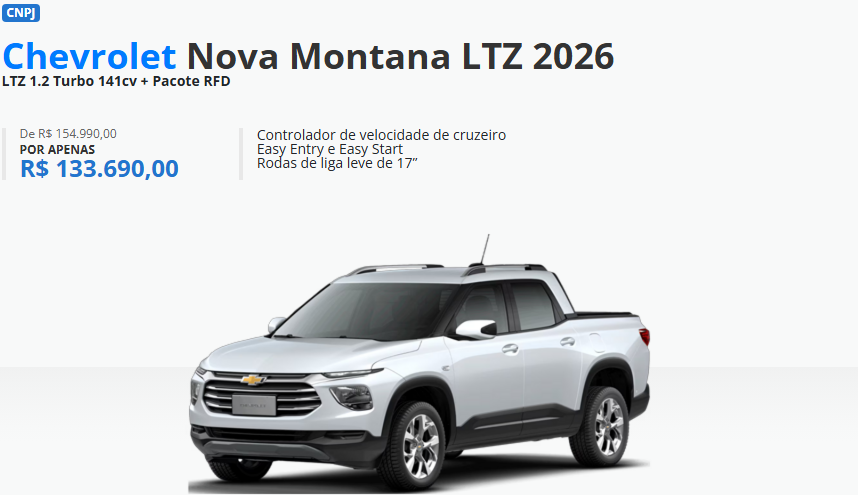 Chevrolet Montana LTZ 2026 com redução de R$ 21.300 para CNPJ em fevereiro