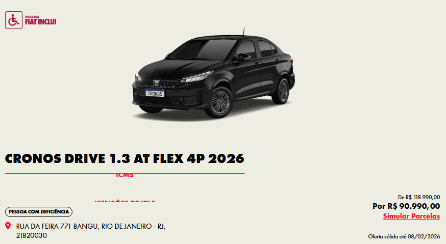 Fiat baixa preço do Cronos Drive 1.3 CVT 2026 em R$ 28 mil para PcD em fevereiro