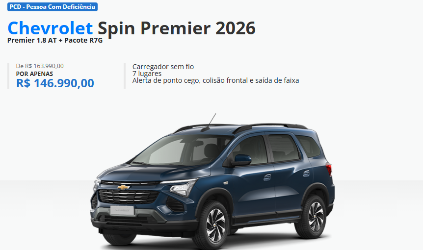 Chevrolet libera Spin Premier 2026 com desconto de R$ 17 mil para PcD em fevereiro