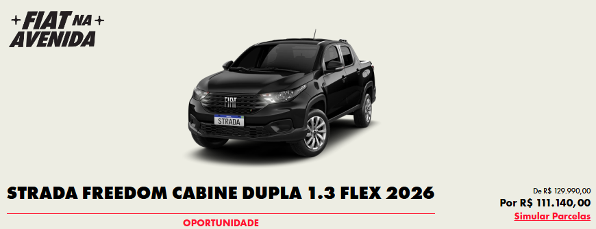 Fiat aplica desconto de R$ 18.850,00 na Strada Freedom CD para CNPJ em março