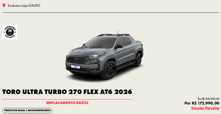 Fiat Toro Ultra tem desconto de R$ 28.000,00 para CNPJ em março