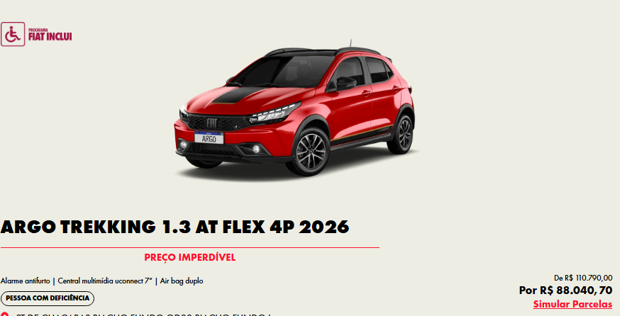 Fiat Argo Trekking AT libera desconto de R$ 22.749,30 para clientes PcD