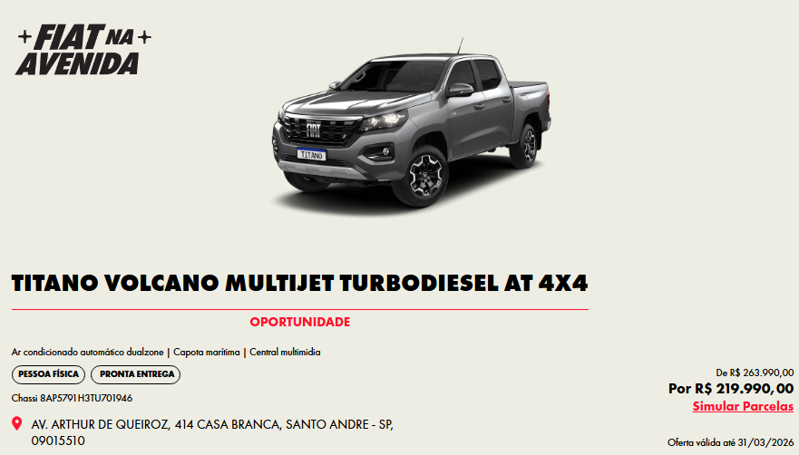 Fiat Titano Volcano libera desconto de R$ 44.000,00 para clientes CNPJ