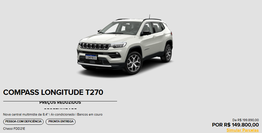 Jeep Compass Longitude fica R$ 50.090,00 mais barato para PcD em março