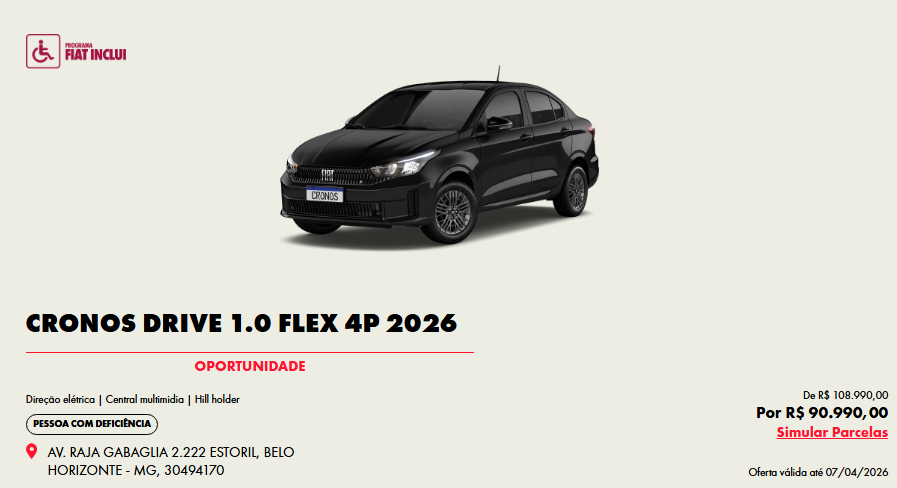 Fiat Cronos Drive 1.0 fica R$ 18.000,00 mais barato para PcD em março
