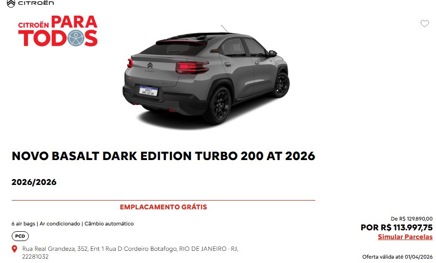 Citroën Basalt Dark Edition 2026 tem desconto de quase R$ 16 mil para PcD em março