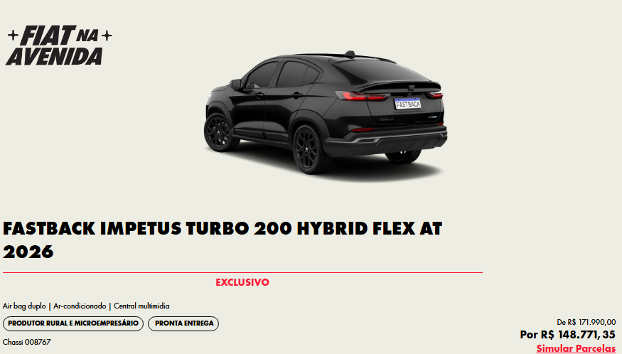 Fiat reduz em R$ 23.218,65 o preço do Fastback Impetus Híbrido em oferta para CNPJ