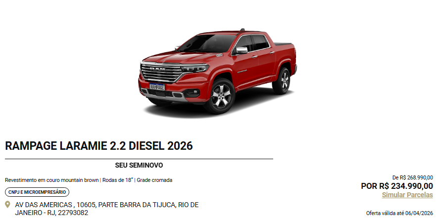 Ram Rampage Laramie fica R$ 34.000,00 mais barato para CNPJ