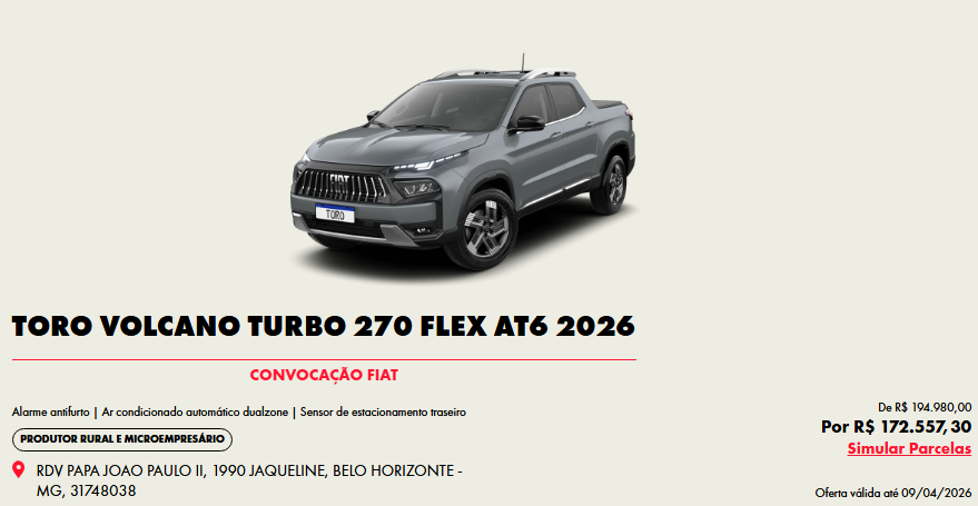 Toro Volcano Flex fica R$ 22.422,70 mais em conta para CNPJ após redução da Fiat