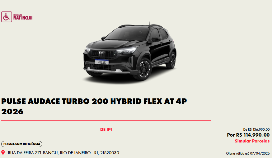 Pulse Audace Hybrid fica R$ 22.000,00 mais em conta para PcD após redução da Fiat