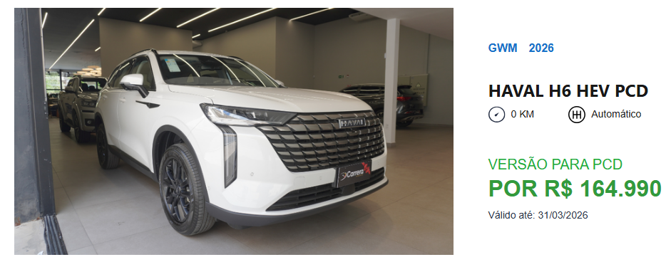 Haval H6 HEV fica R$ 34.010,00 mais em conta para PcD após redução da GWM