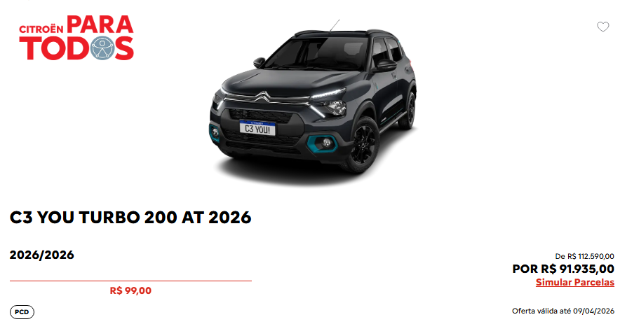 C3 You Turbo fica R$ 20.655,00 mais barato para PcD após redução da Citroën