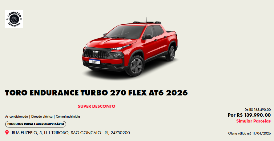 Fiat libera Toro Endurance com R$ 24.000,00 de desconto para CNPJ
