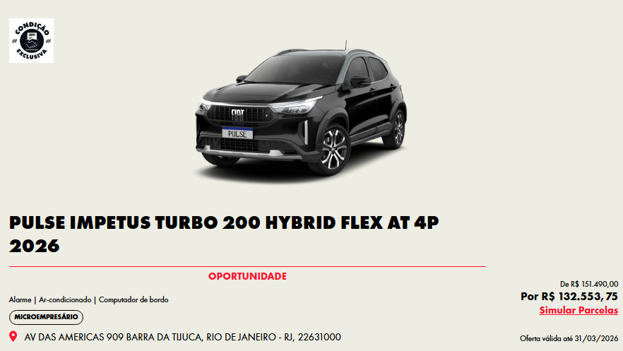 Fiat libera Pulse Impetus Hybrid com R$ 18.936,25 de desconto para CNPJ