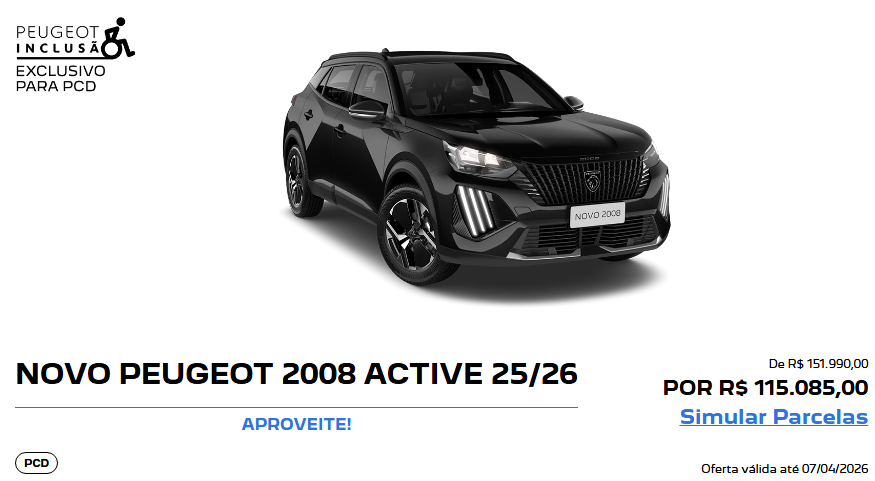 Peugeot libera 2008 Active com R$ 36.905,00 de desconto para PcD