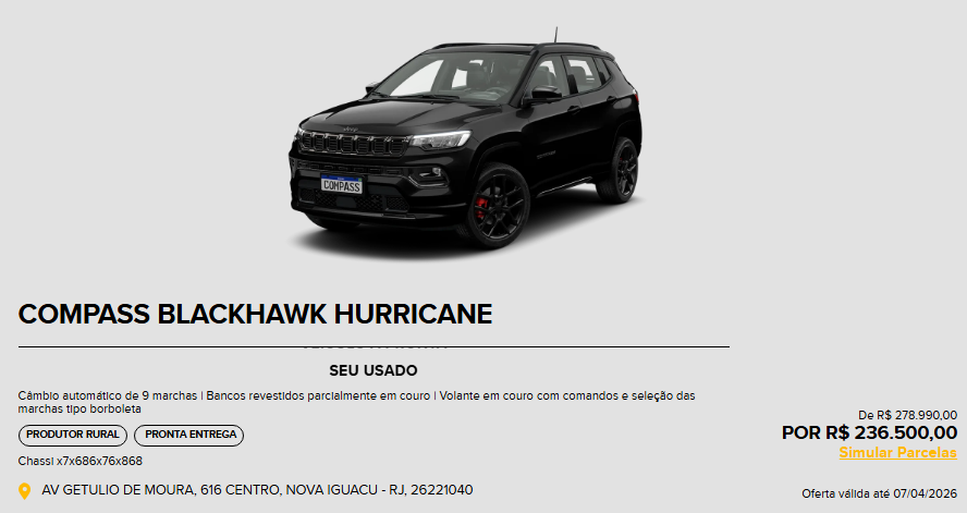 Jeep Compass Blackhawk ganha desconto de R$ 42.490,00 para CNPJ em março