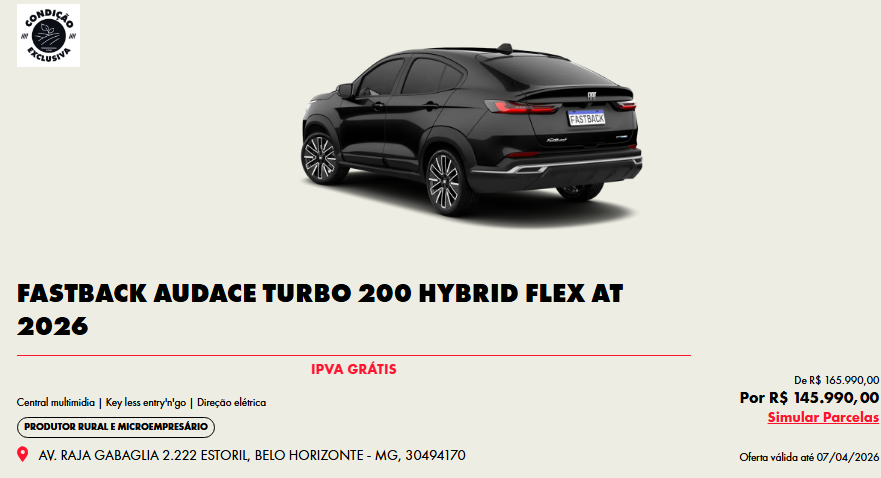 Fiat oferece R$ 17.123,75 de desconto no Fastback Audace Hybrid para CNPJ em março