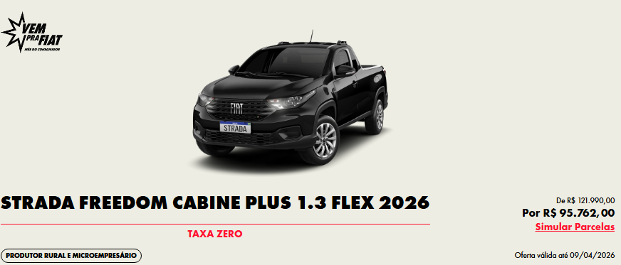 Fiat Strada Freedom Plus fica R$ 26.228,00 mais em conta para CNPJ em março