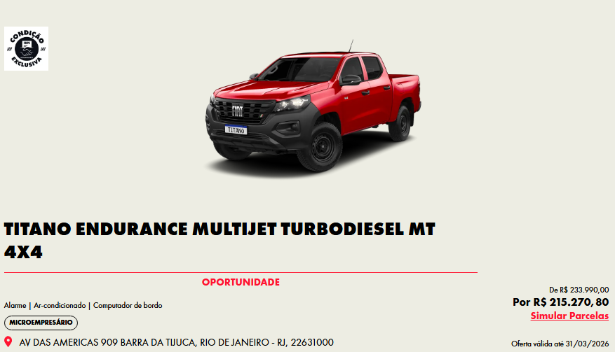 Fiat Titano Endurance ganha desconto de R$ 18.719,20 para CNPJ em março
