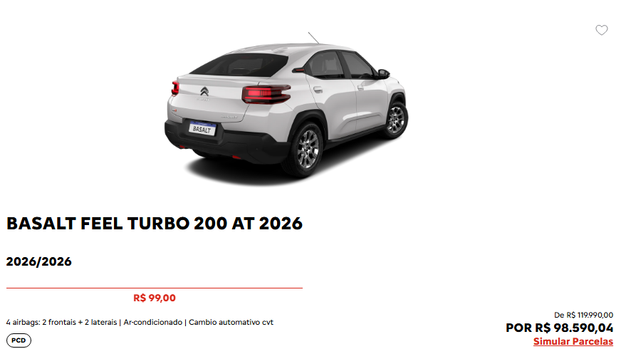 Citroën corta R$ 21.399,96 do Basalt Feel T200 CVT em oferta para PcD