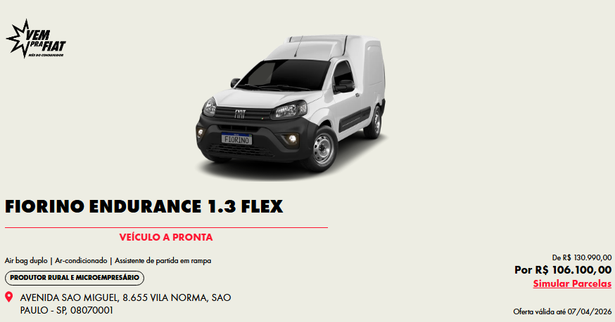 Fiat Fiorino ganha desconto de R$ 24.890,00 para CNPJ em março