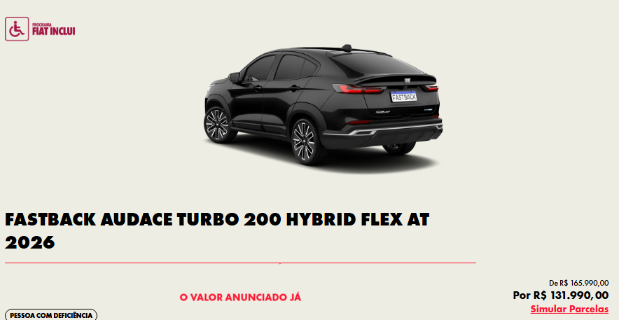 Fiat Fastback Audace Hybrid libera desconto de R$ 34.000,00 para clientes PcD