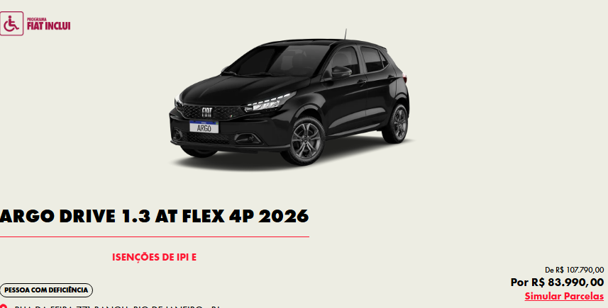 Fiat aplica desconto de R$ 23.800,00 no Argo Drive 1.3 CVT para PcD em março