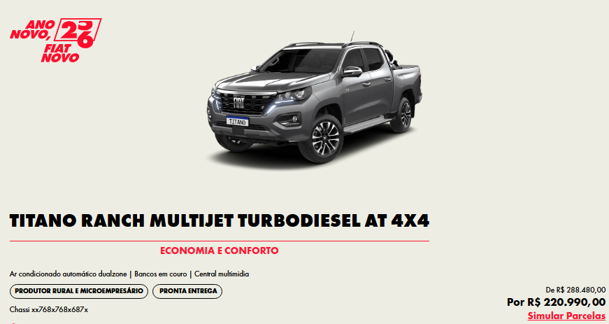 Fiat aplica desconto de R$ 67.490,00 na Titano Ranch para CNPJ em março