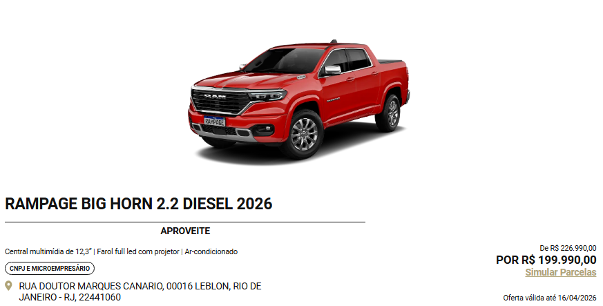 Ram Rampage Big Horn libera desconto de R$ 26.000,00 para clientes CNPJ