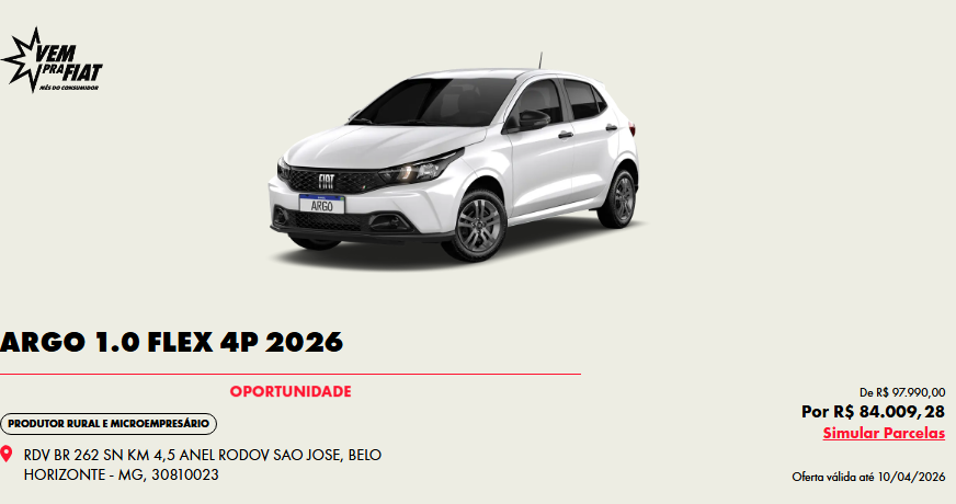 Fiat concede R$ R$ 13.980,72 de desconto no Argo Drive 1.0 para CNPJ em março