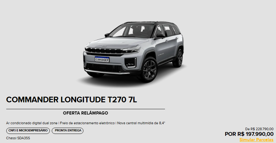 Jeep corta R$ R$ 30.800,00 do Commander Longitude em oferta para CNPJ