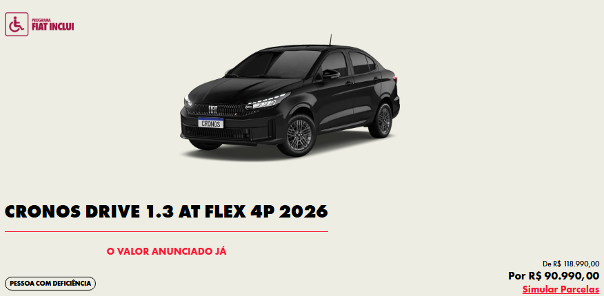 Fiat Cronos Drive 1.3 CVT tem desconto de R$ 28.000,00 para PcD em março