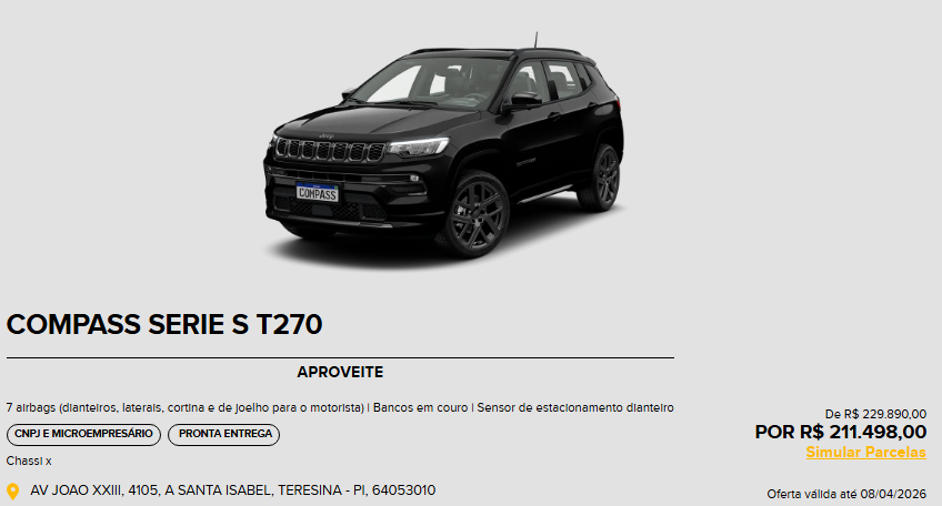 Compass Serie S fica R$ 18.392,00 mais em conta para CNPJ após redução da Jeep