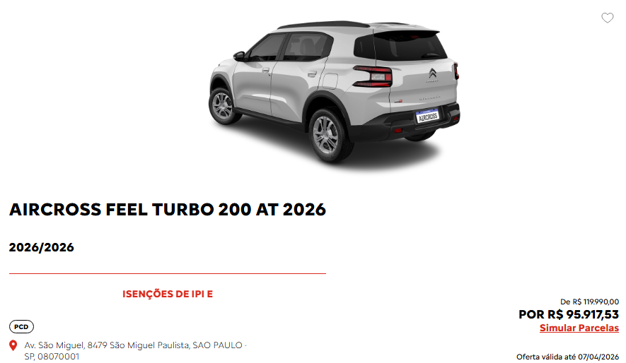 Citroën corta R$ 24.072,47 do Aircross Feel Turbo 200 CVT em oferta para PcD