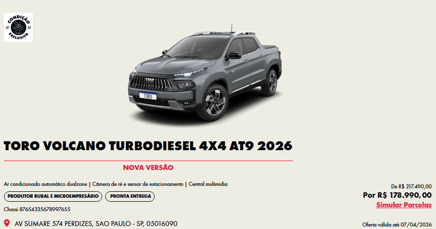 Fiat Toro Volcano Diesel fica R$ 38.500,00 mais barato para CNPJ em março