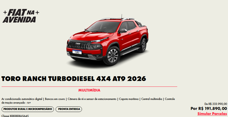 Fiat aplica desconto de R$ 42.100,00 na Toro Ranch para CNPJ