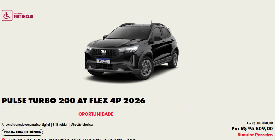 Fiat Pulse Turbo 200 AT fica R$ 23.181,00 mais barato para PcD em março
