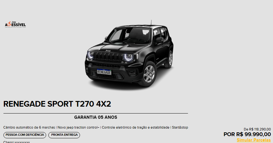 Jeep libera R$ 19.400,00 de desconto no Renegade Sport para PcD