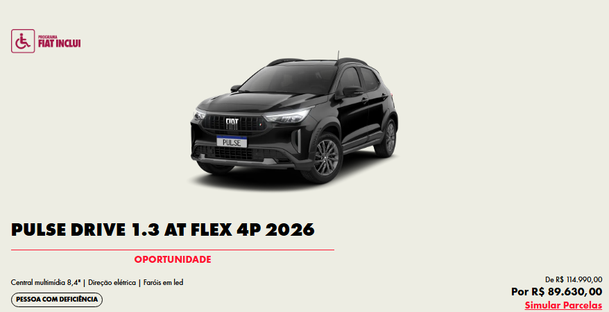 Fiat Pulse Drive 1.3 CVT tem desconto de R$ 25.360,00 para PcD em março