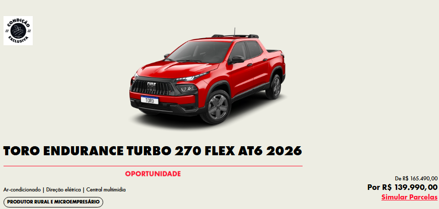 Fiat Toro Endurance sai com mais de R$ 25 mil de desconto para CNPJ