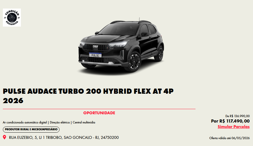 Fiat Pulse Audace Hybrid ganha desconto de R$ 19.500,00 para CNPJ em abril
