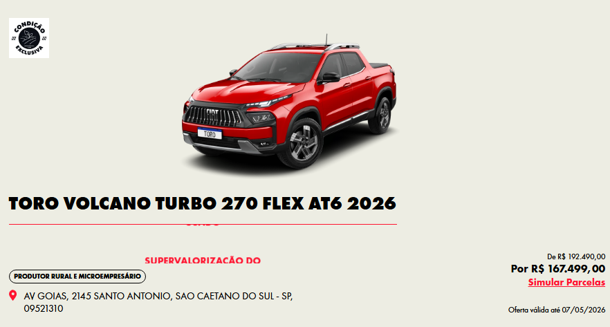 Fiat Toro Volcano Flex tem desconto de R$ 24,9 mil para CNPJ em abril