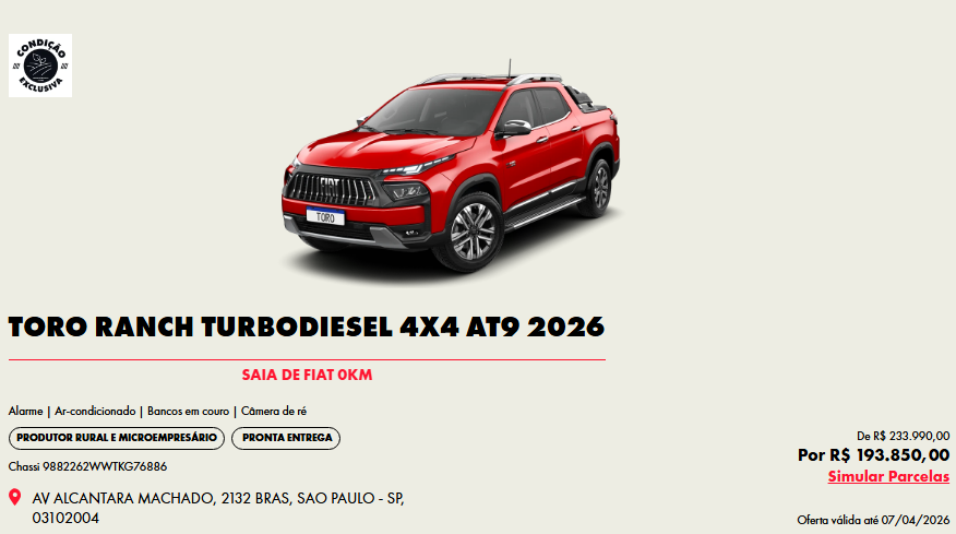 Fiat dá R$ 40.140,00 de desconto na Toro Ranch para CNPJ em abril