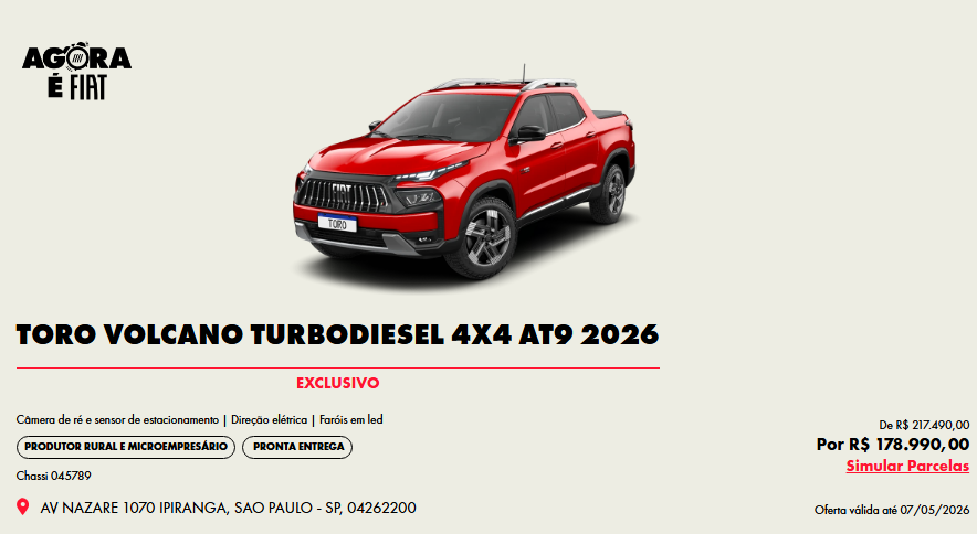Fiat Toro Volcano Diesel ganha desconto de R$ 38.500,00 para CNPJ em abril