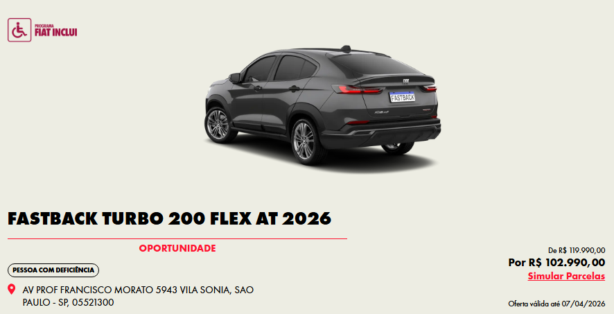 Fiat dá R$ 17.000,00 de desconto no Fastback Turbo 200 para PcD em abril