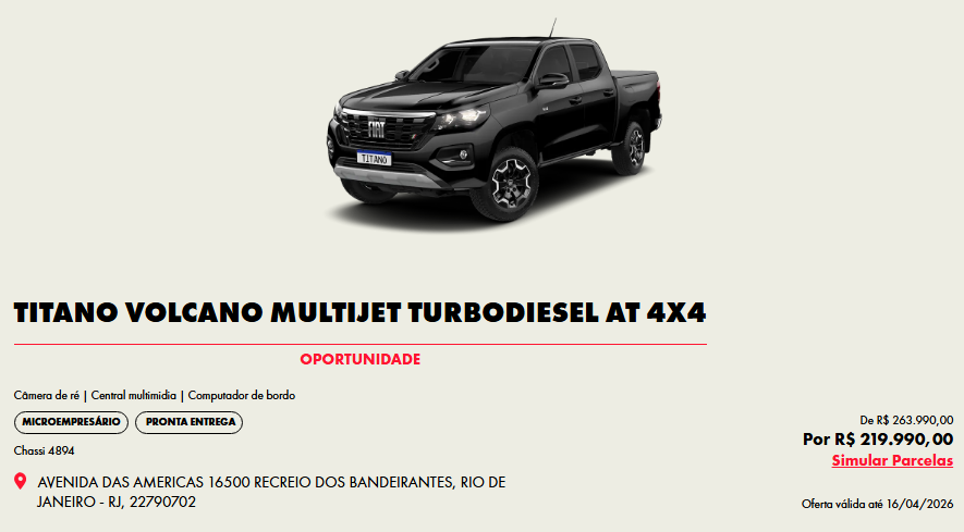 Fiat libera até R$ 44.000,00 de desconto na Titano Volcano para CNPJ em abril