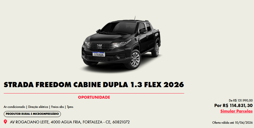 Fiat libera R$ 17.158,70 de desconto na Strada Freedom CD para CNPJ em abril