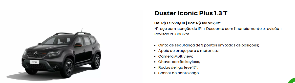 Renault Duster Iconic Plus ganha desconto de R$ 38.037,81 para PcD em abril