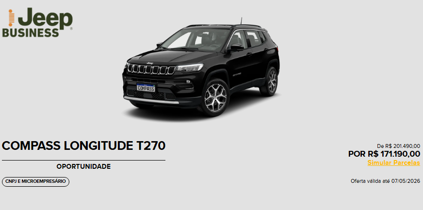 Jeep Compass Longitude ganha desconto de R$ 30.300,00 para CNPJ em abril