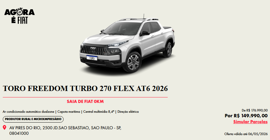Fiat Toro Freedom fica R$ 27 mil mais barata para CNPJ em abril